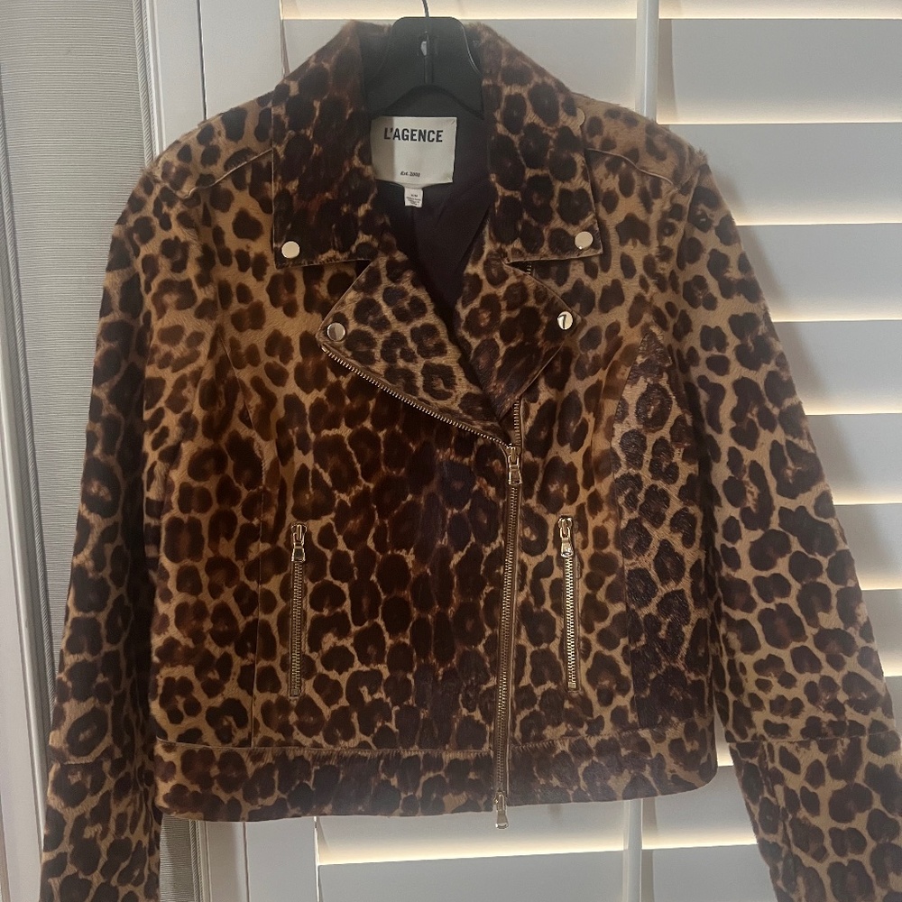 L'Agence Calf Hair Leopard Print Moto Jacket